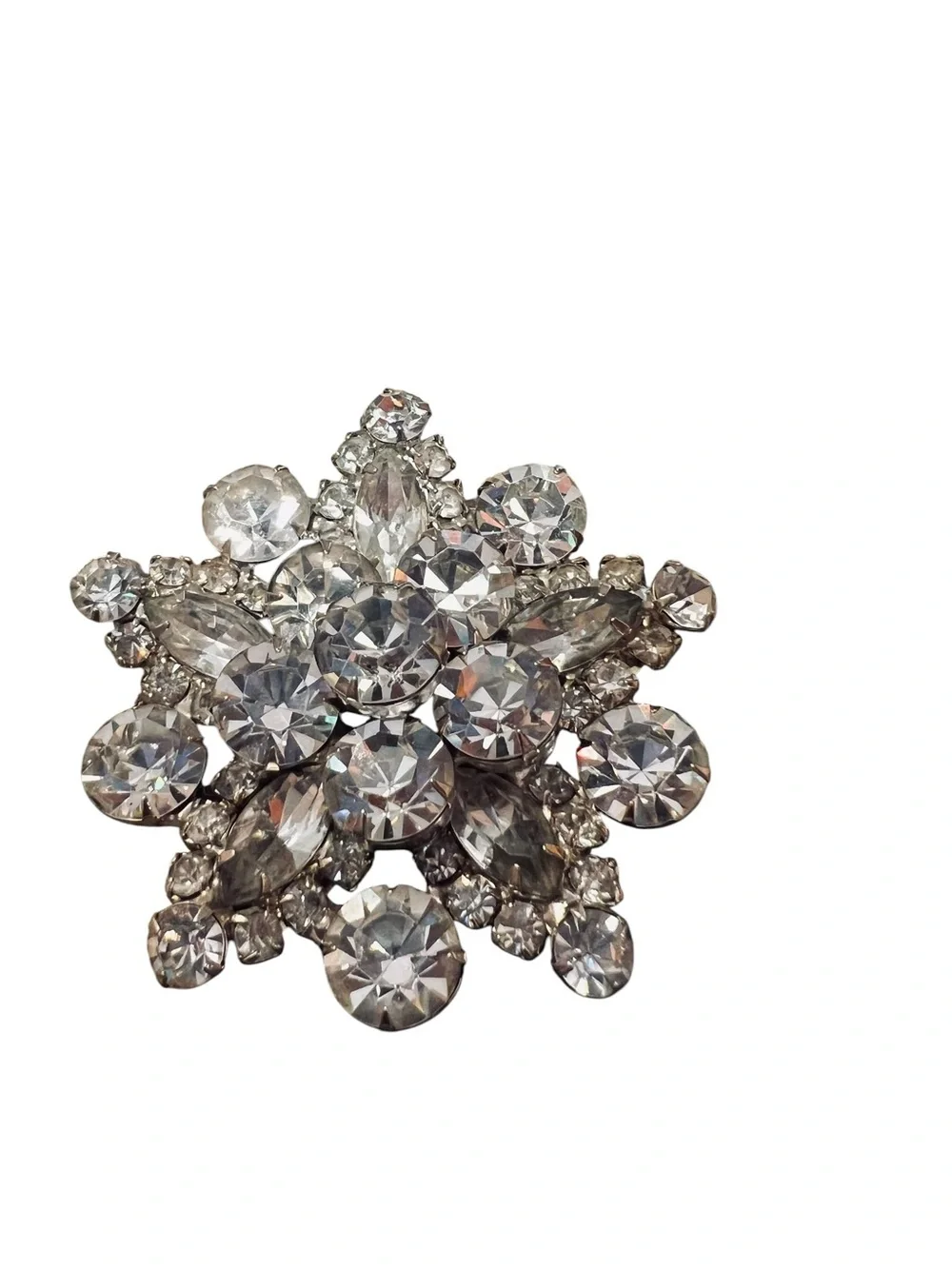 Starburst Rhinestone Brooch VTG Mid-Century Modern Clear Silver Tone Cluster